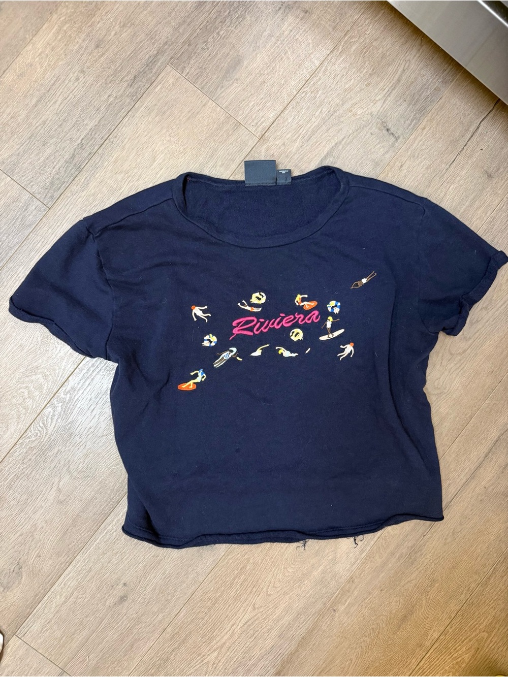 Maeve Navy 'Riviera' Graphic Crop Tee with Multicolor Accents